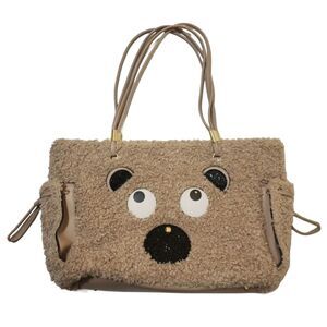 Eye Theme Womens Faux Sheep Fur Tote Bag Purse Beige 2-Handle Pockets Animal